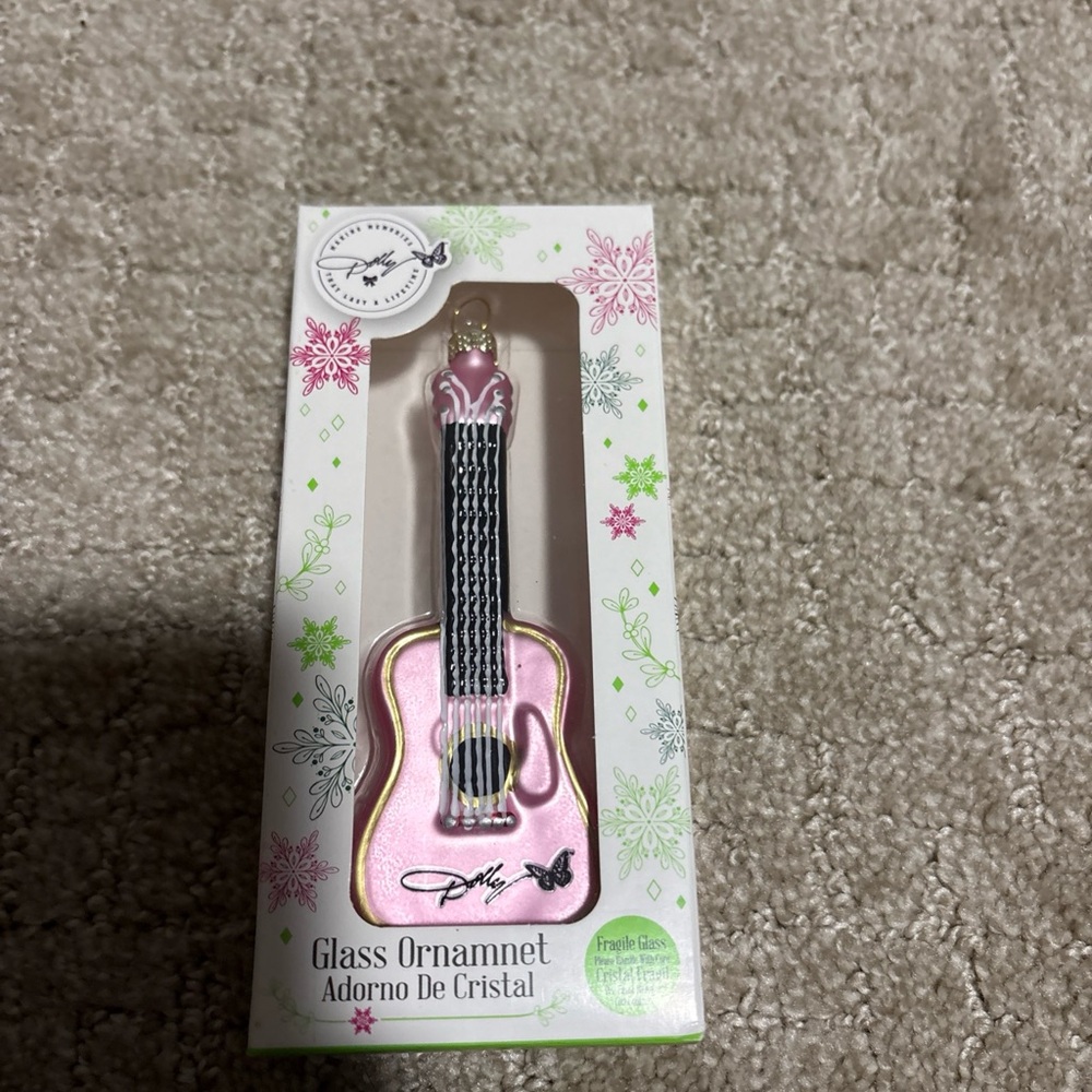 Dolly Parton -Christmas Guitar Pink Glass Ornament Decoration- NEW